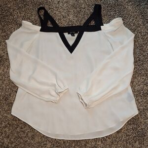 Off-Shoulder White Blouse with Black Trim